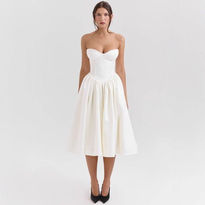 Women's Strapless Satin Corset Midi Cocktail Dress Pleated Skirt - Sole & Material View | Lavisa