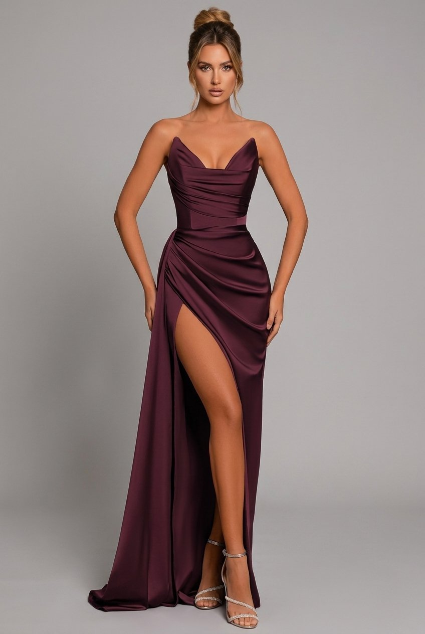 Women's Strapless Satin Maxi Dress with Ruched Bodice and High Slit - Front View | Lavisa