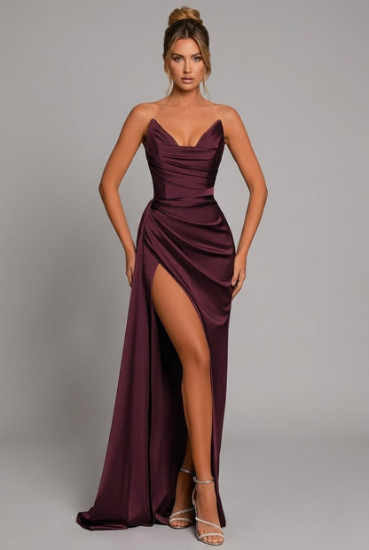 Women's Strapless Satin Maxi Dress with Ruched Bodice and High Slit - Front View | Lavisa