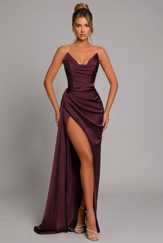 Women's Strapless Satin Maxi Dress with Ruched Bodice and High Slit - Front View | Lavisa