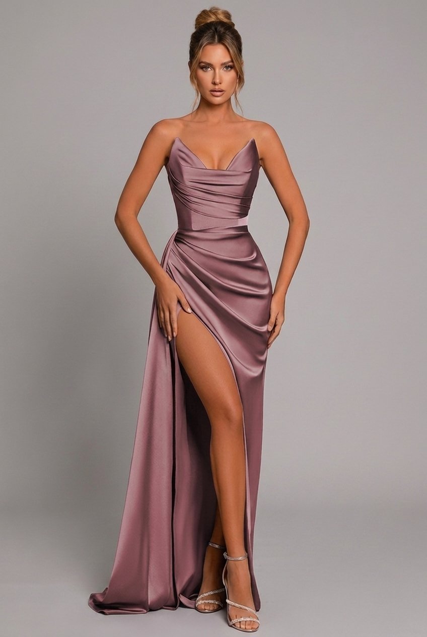 Women's Strapless Satin Maxi Dress with Ruched Bodice and High Slit - Lifestyle & Model Angle | Lavisa