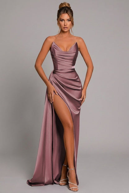Women's Strapless Satin Maxi Dress with Ruched Bodice and High Slit - Lifestyle & Model Angle | Lavisa