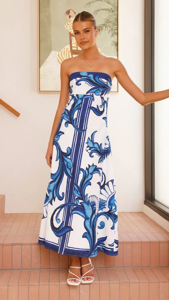 Women's Strapless Vintage Printed Maxi Tube Dress - Front View | Lavisa