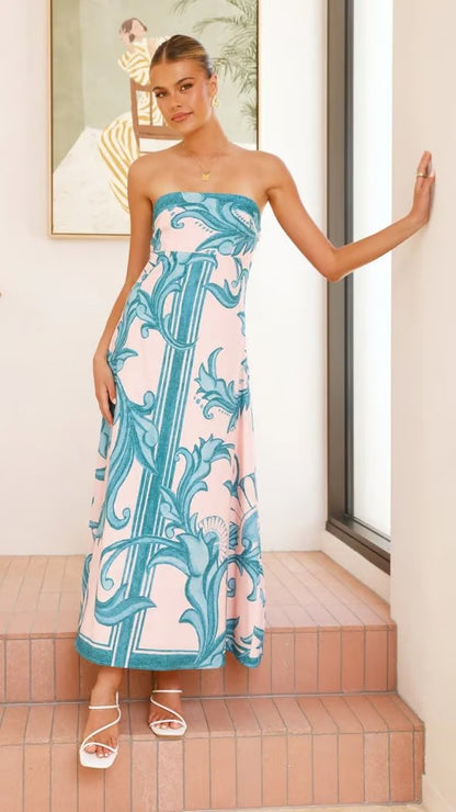 Women's Strapless Vintage Printed Maxi Tube Dress - Side Angle | Lavisa