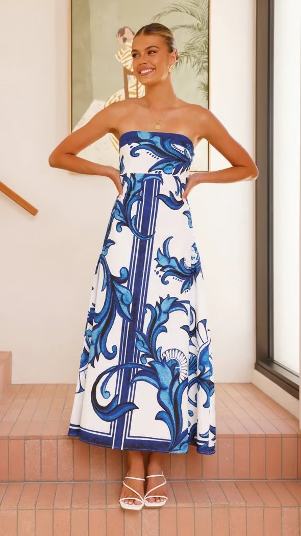 Women's Strapless Vintage Printed Maxi Tube Dress - Back View | Lavisa