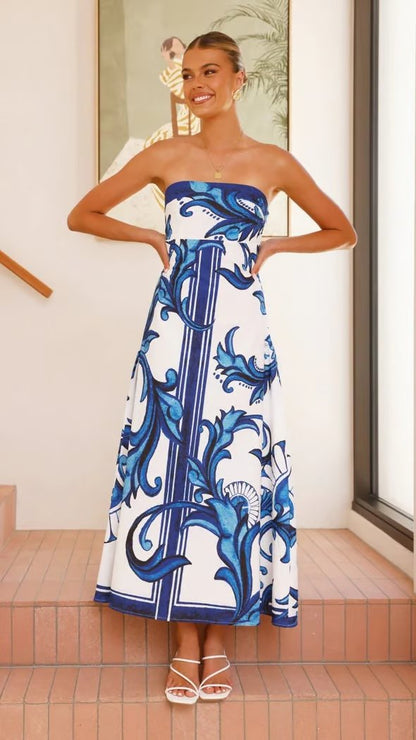 Women's Strapless Vintage Printed Maxi Tube Dress - Back View | Lavisa
