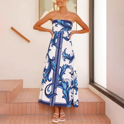 Women's Strapless Vintage Printed Maxi Tube Dress - Sole & Material View | Lavisa