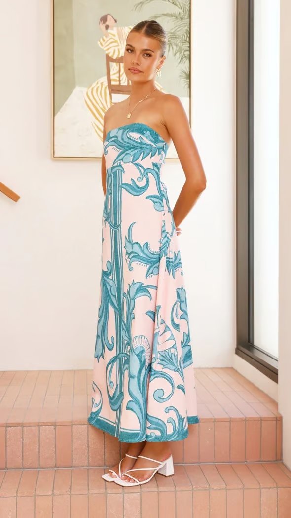 Women's Strapless Vintage Printed Maxi Tube Dress - Lifestyle & Model Angle | Lavisa