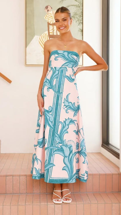 Women's Strapless Vintage Printed Maxi Tube Dress - Variant Angle | Lavisa