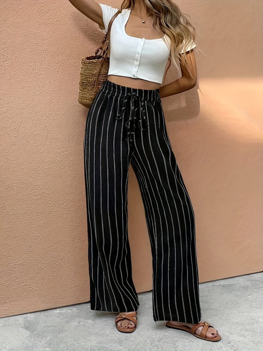 Lavisa - Women's Striped High-Waist Drawstring Wide Leg Pants Linen Trousers