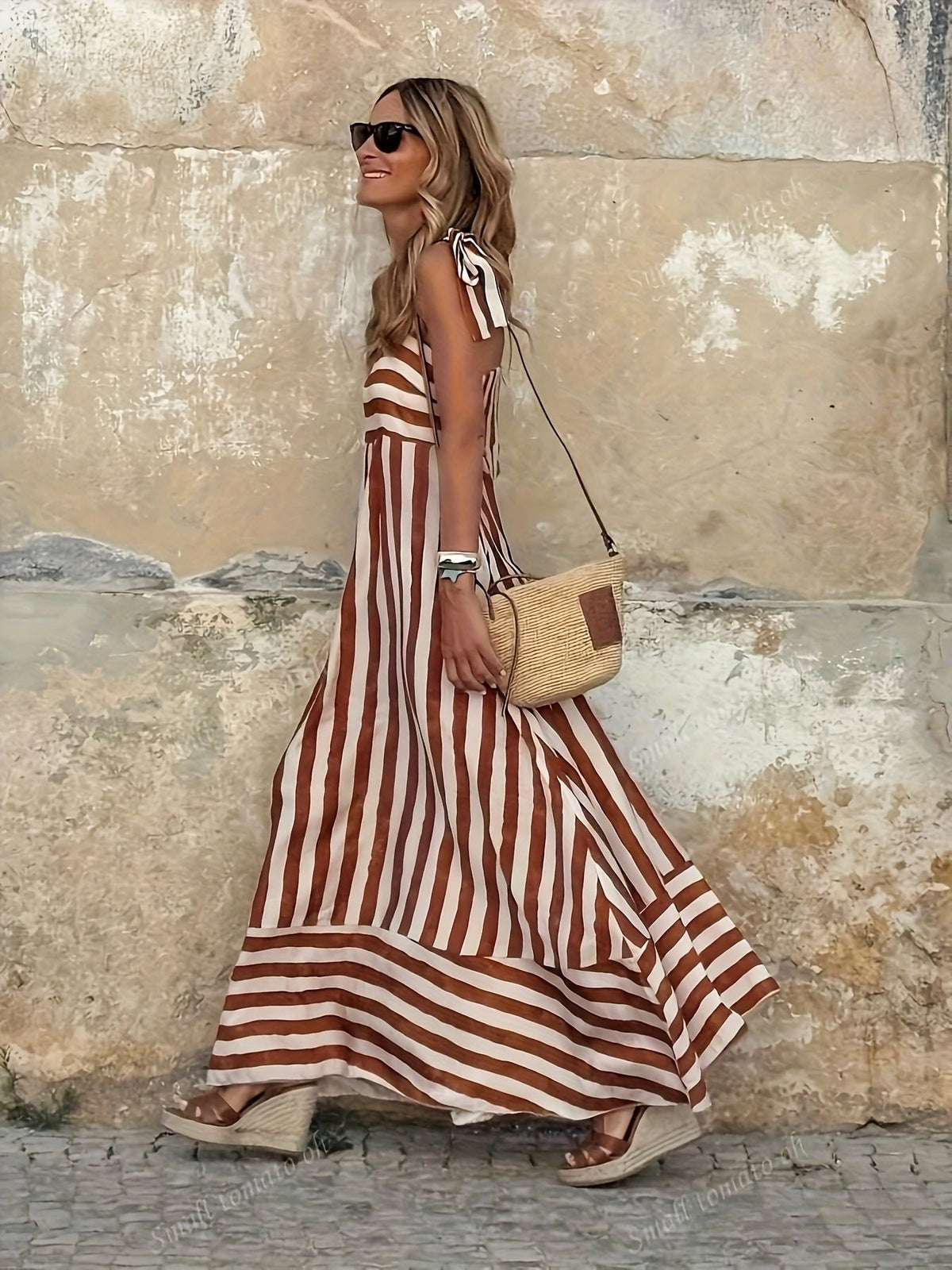 Women's Striped Tie-Strap Flared Maxi Dress - Side Angle | Lavisa