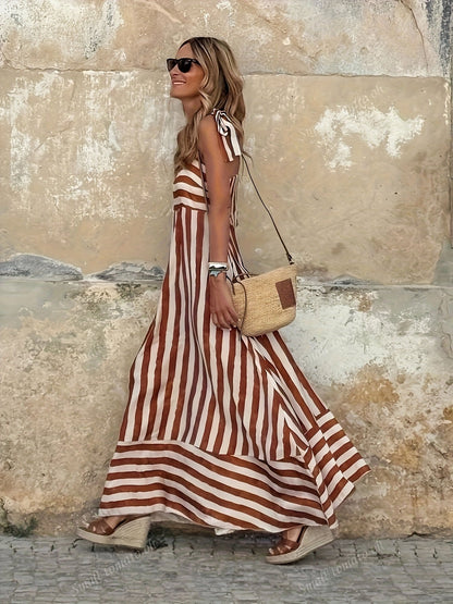 Women's Striped Tie-Strap Flared Maxi Dress - Side Angle | Lavisa