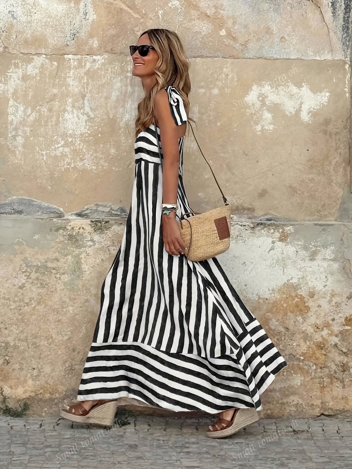 Women's Striped Tie-Strap Flared Maxi Dress - Close-Up Texture & Detail | Lavisa