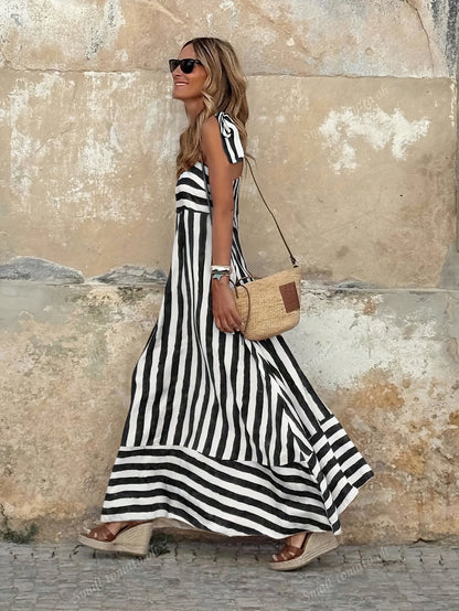 Women's Striped Tie-Strap Flared Maxi Dress - Close-Up Texture & Detail | Lavisa