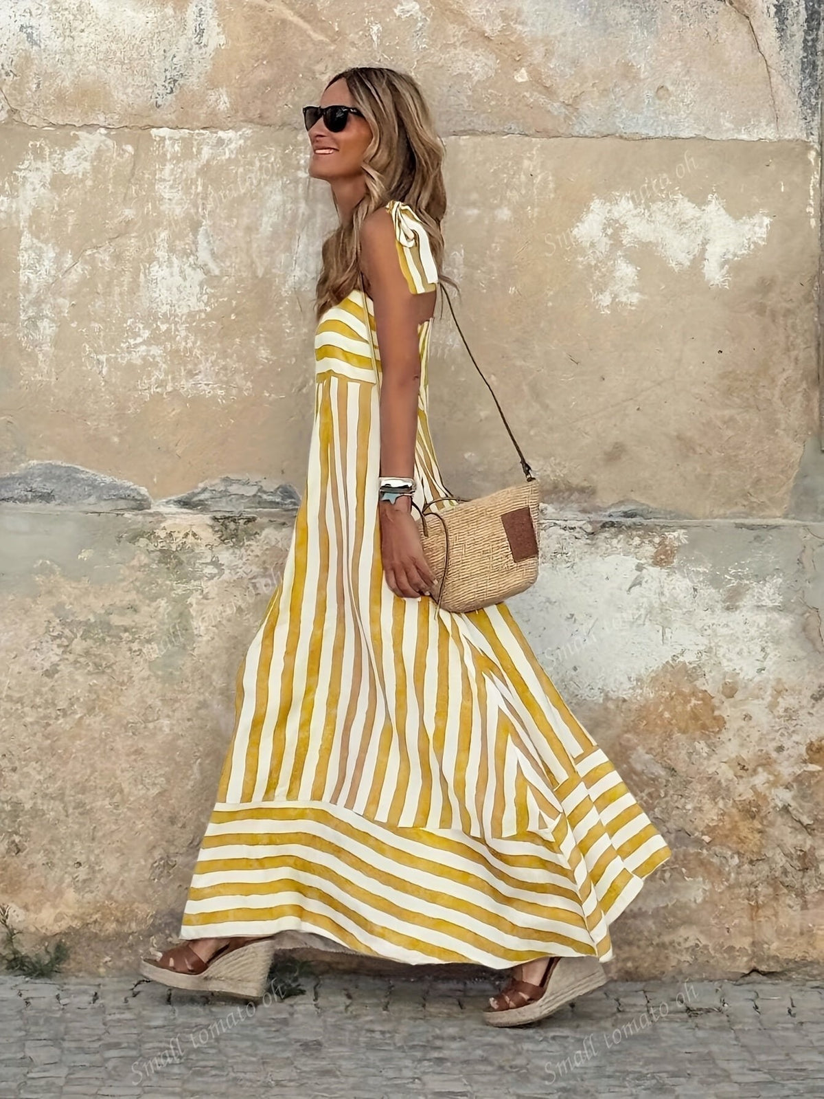 Women's Striped Tie-Strap Flared Maxi Dress - Sole & Material View | Lavisa