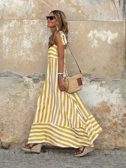 Women's Striped Tie-Strap Flared Maxi Dress - Sole & Material View | Lavisa
