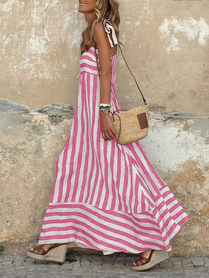 Women's Striped Tie-Strap Flared Maxi Dress - Variant Angle | Lavisa