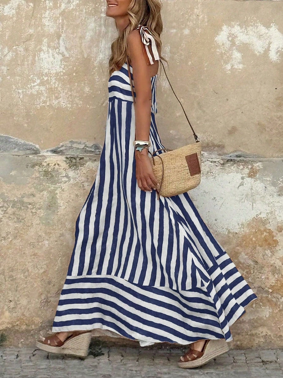 Women's Striped Tie-Strap Flared Maxi Dress - Variant Style 8 | Lavisa