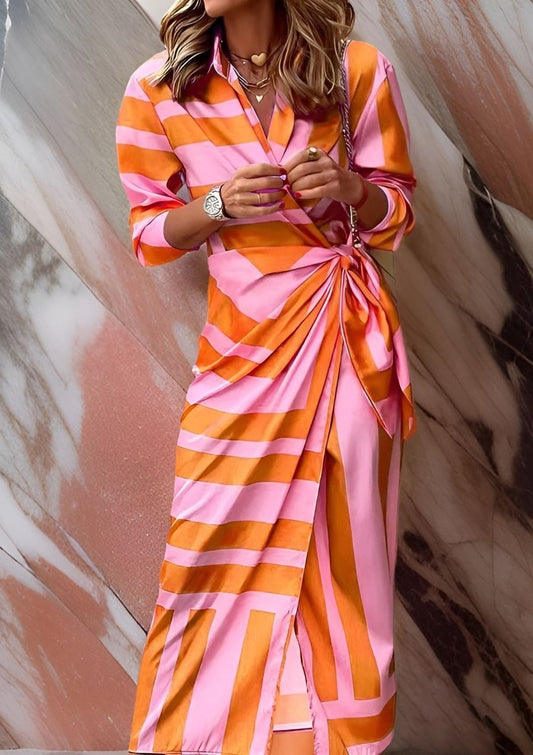 Lavisa - Striped Wrap Midi Long Sleeve Dress