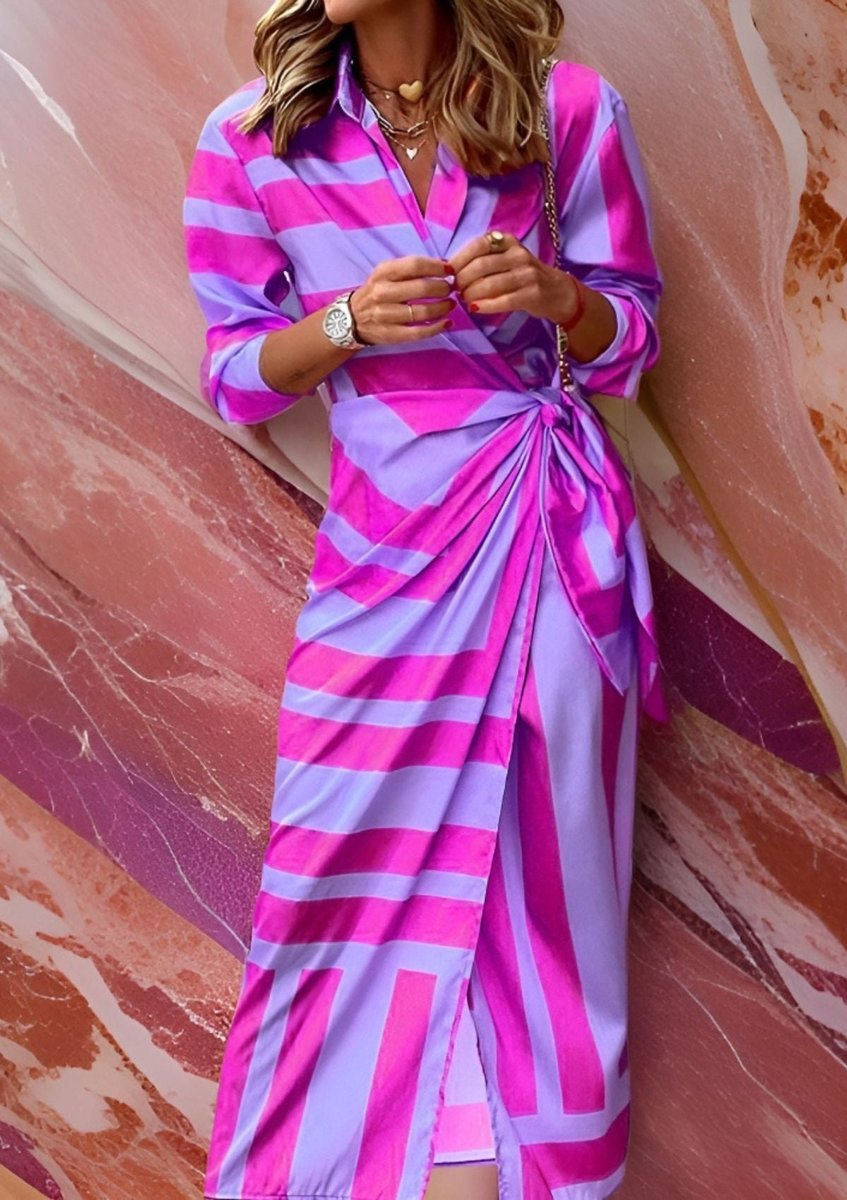 Striped Wrap Midi Long Sleeve Dress - Variant Style 12 | Lavisa