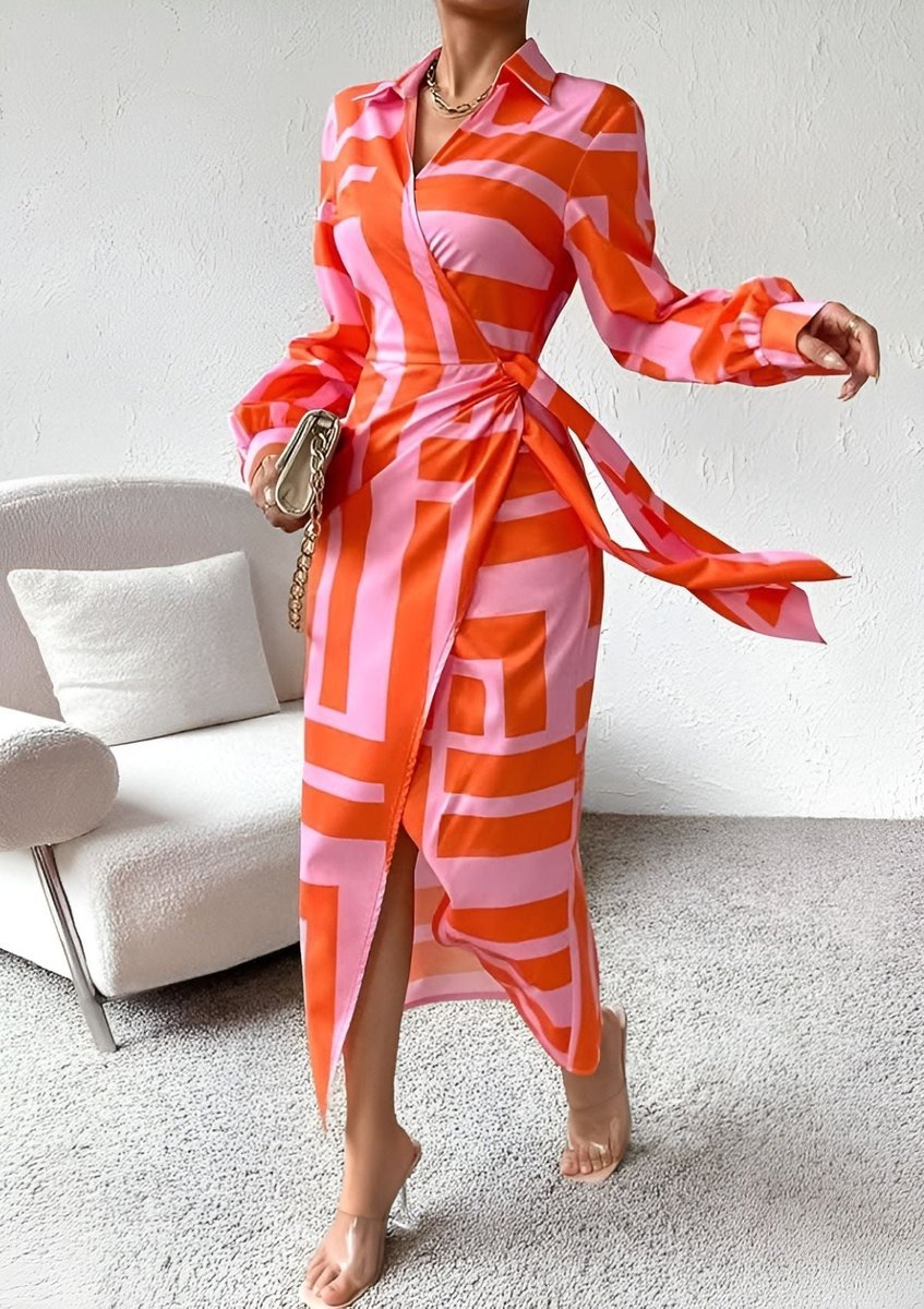 Striped Wrap Midi Long Sleeve Dress - Back View | Lavisa