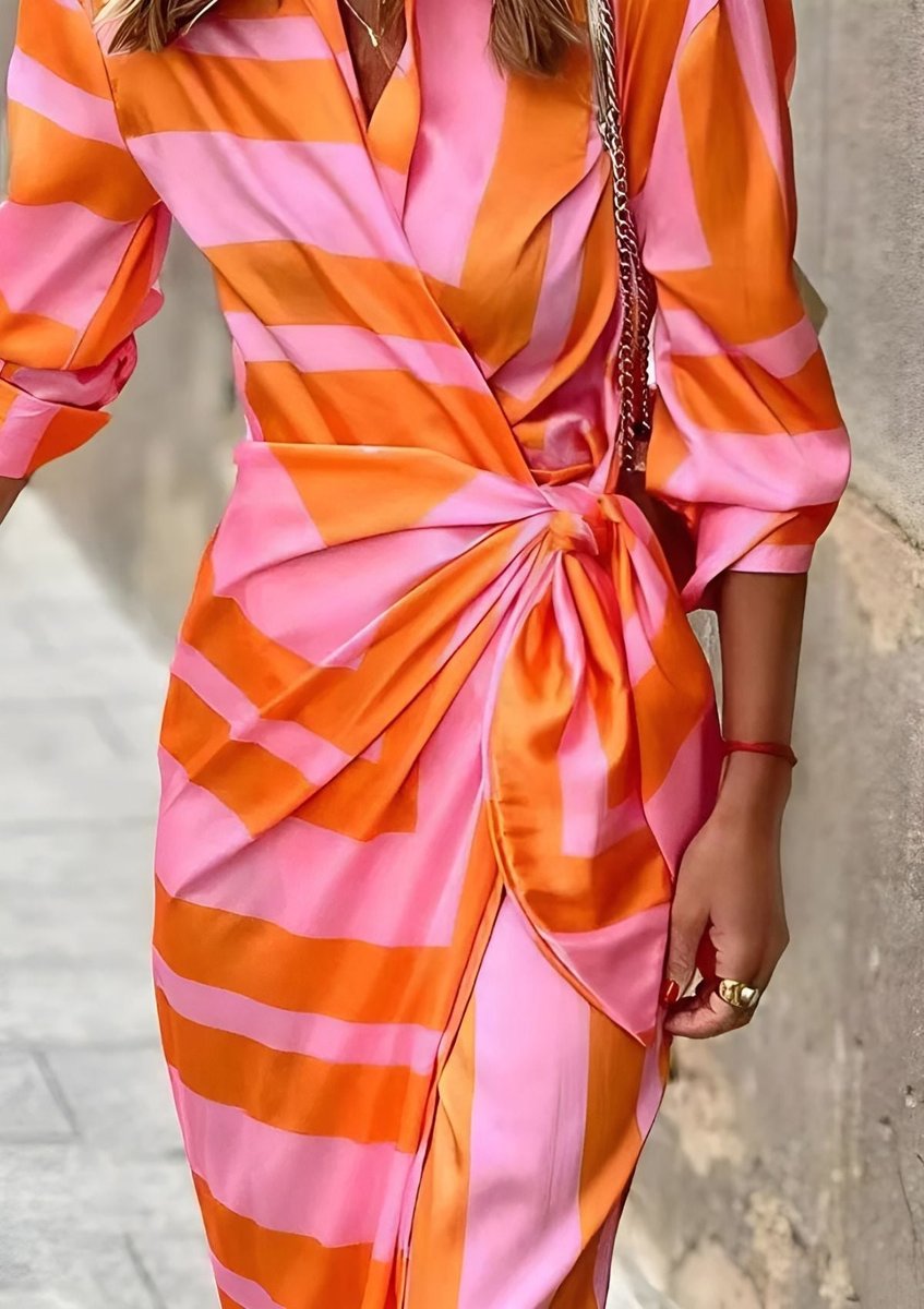 Striped Wrap Midi Long Sleeve Dress - Lifestyle & Model Angle | Lavisa