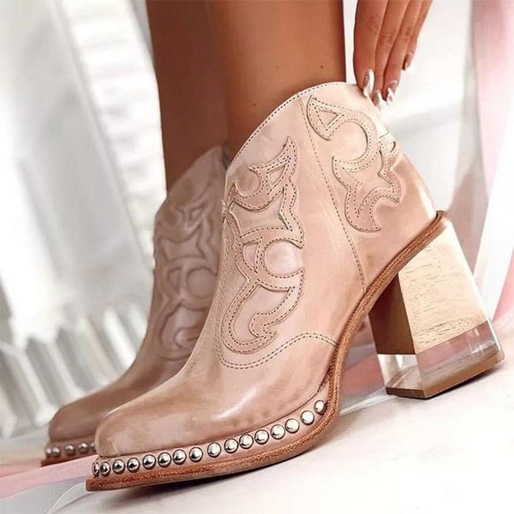 Women's Studded Block Heel Western Ankle Boots - Front View | Lavisa