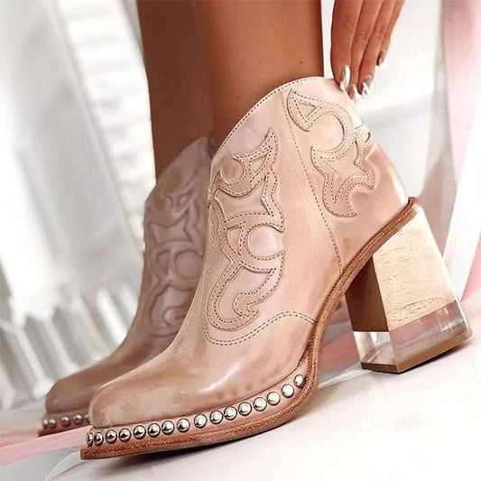 Women's Studded Block Heel Western Ankle Boots - Front View | Lavisa