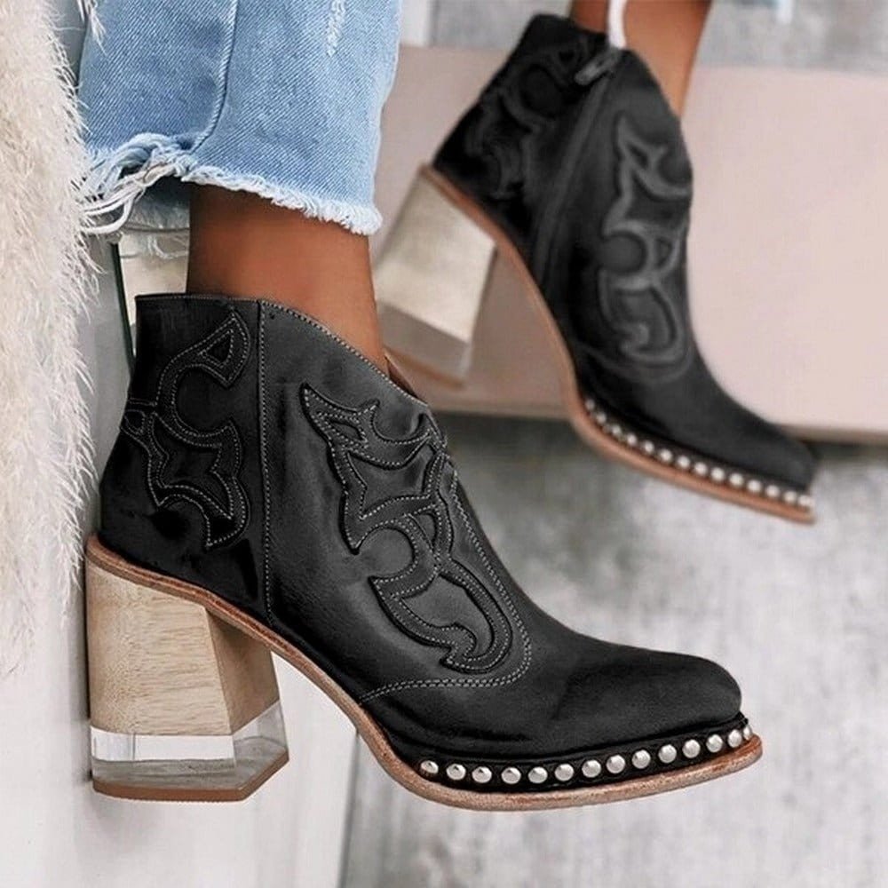 Women's Studded Block Heel Western Ankle Boots - Side Angle | Lavisa