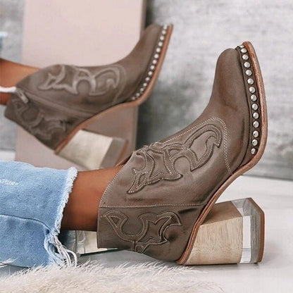 Women's Studded Block Heel Western Ankle Boots - Back View | Lavisa