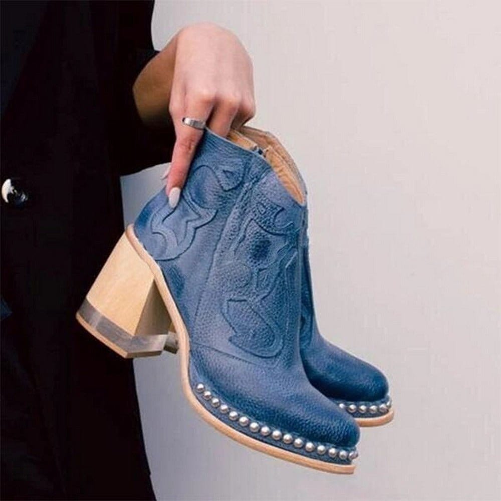 Women's Studded Block Heel Western Ankle Boots - Close-Up Texture & Detail | Lavisa
