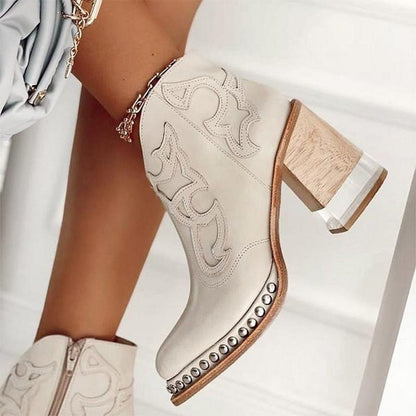 Women's Studded Block Heel Western Ankle Boots - Sole & Material View | Lavisa