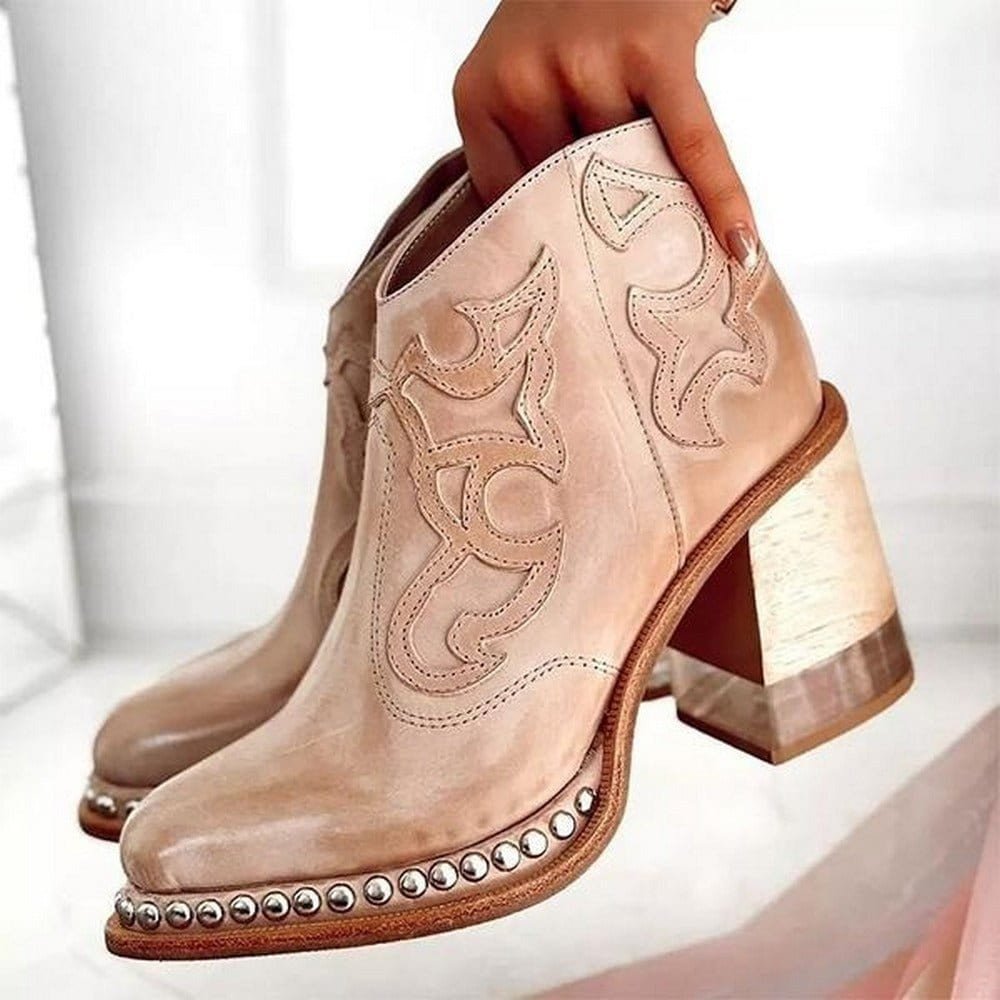 Women's Studded Block Heel Western Ankle Boots - Lifestyle & Model Angle | Lavisa