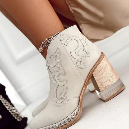 Women's Studded Block Heel Western Ankle Boots - Variant Angle | Lavisa