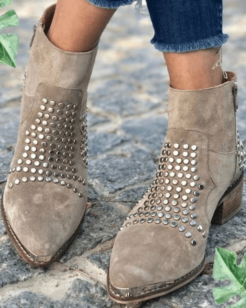 Women's Studded Pointed-Toe Block-Heel Ankle Boots - Front View | Lavisa