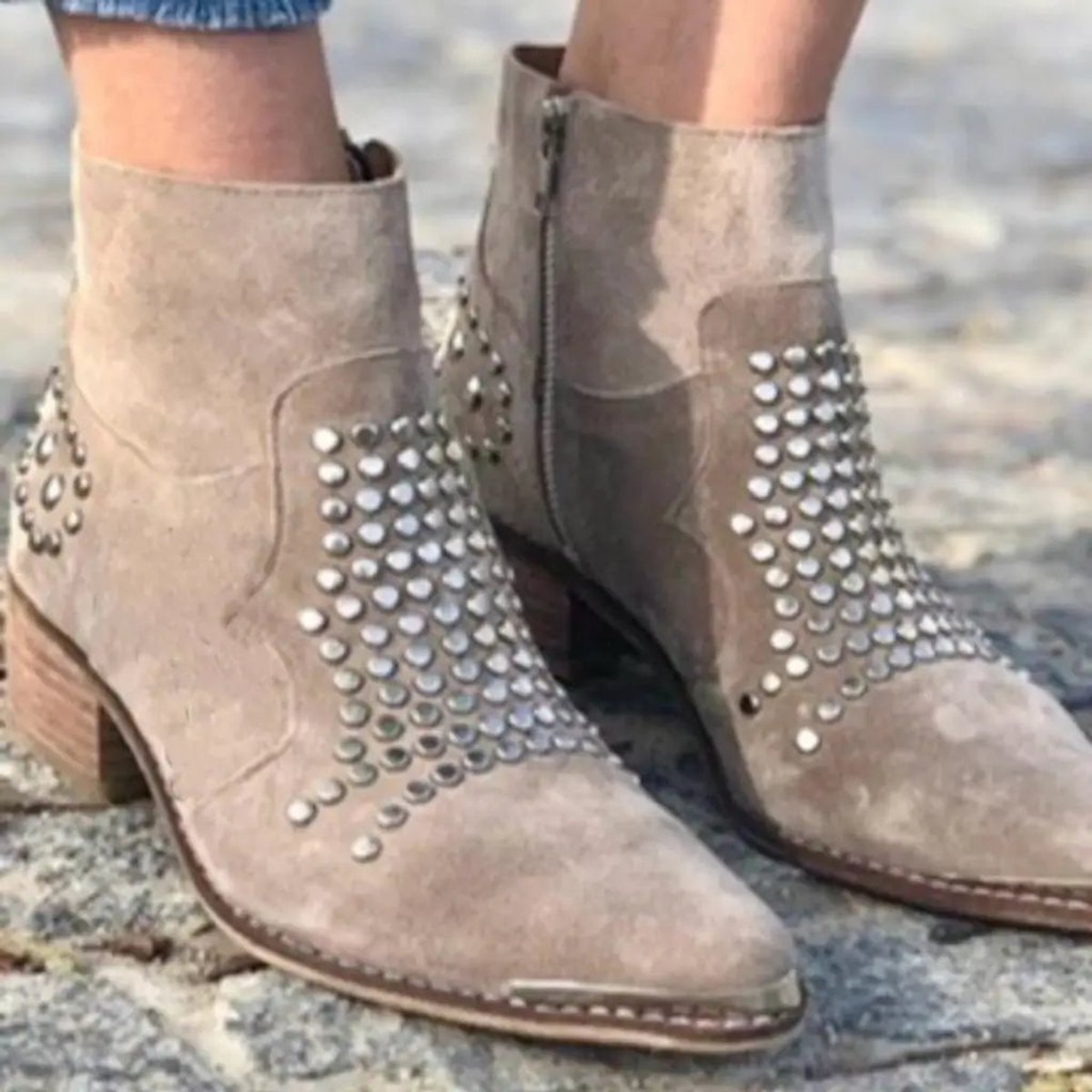 Women's Studded Pointed-Toe Block-Heel Ankle Boots - Side Angle | Lavisa