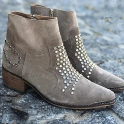 Women's Studded Pointed-Toe Block-Heel Ankle Boots - Back View | Lavisa