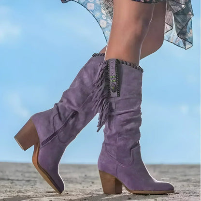 Women's Suede Fringe Western Knee High Boots Block Heel - Side Angle | Lavisa