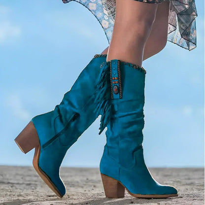 Women's Suede Fringe Western Knee High Boots Block Heel - Back View | Lavisa