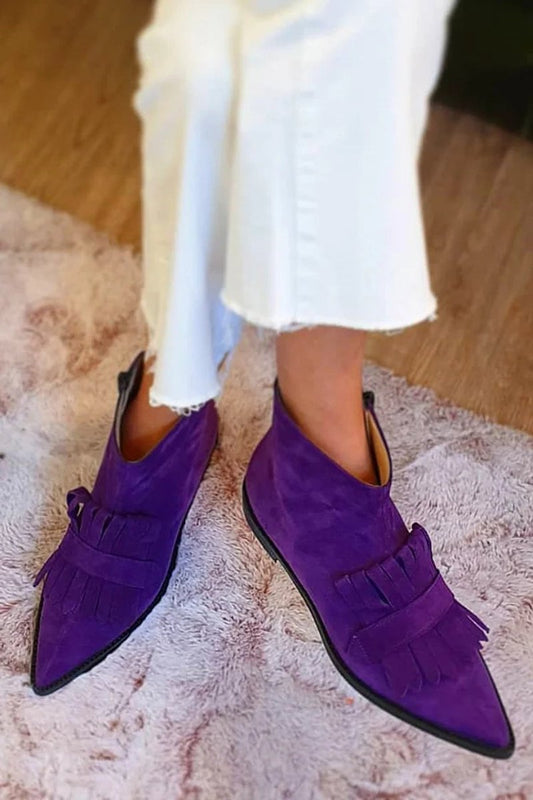 Women's Suede Pointed-Toe Tassel Fringe Slip-On Ankle Boots - Front View | Lavisa