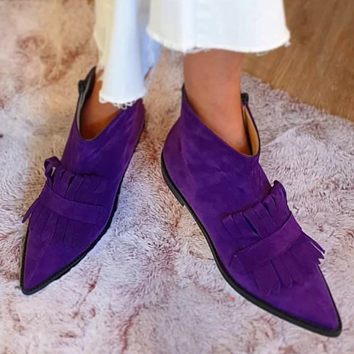 Women's Suede Pointed-Toe Tassel Fringe Slip-On Ankle Boots - Side Angle | Lavisa