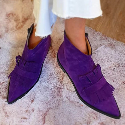 Women's Suede Pointed-Toe Tassel Fringe Slip-On Ankle Boots - Side Angle | Lavisa