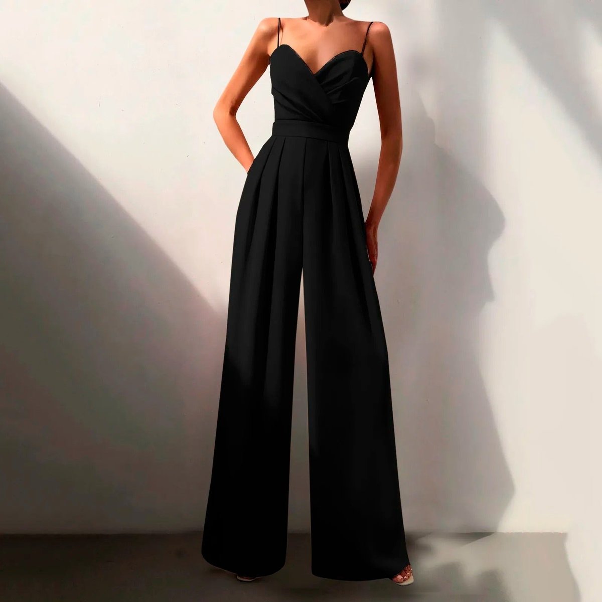 Women's Sweetheart Neck Spaghetti Strap Wide Leg Pants Jumpsuit - Front View | Lavisa
