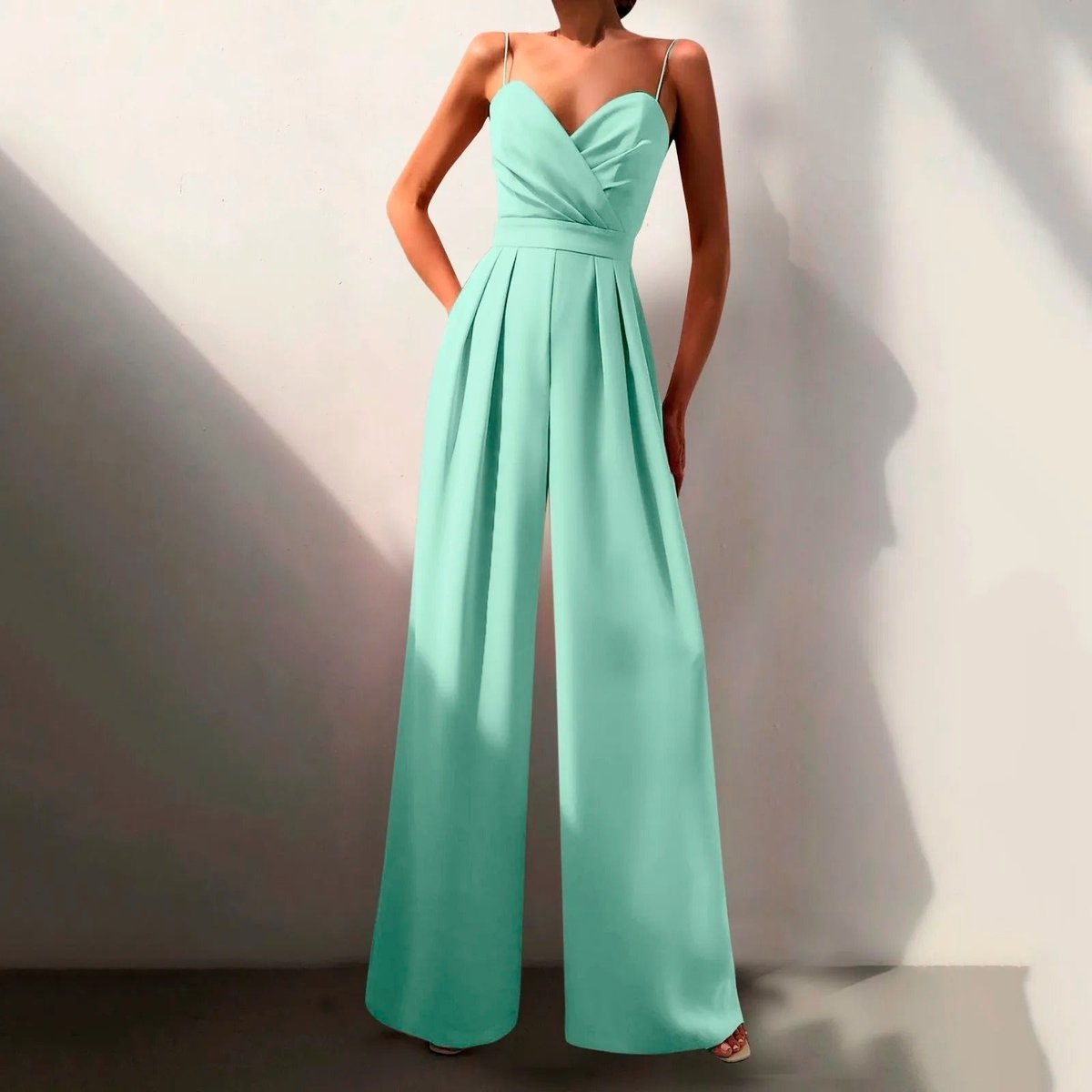 Women's Sweetheart Neck Spaghetti Strap Wide Leg Pants Jumpsuit - Back View | Lavisa