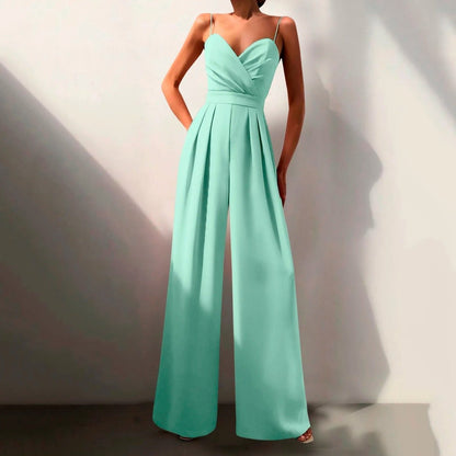 Women's Sweetheart Neck Spaghetti Strap Wide Leg Pants Jumpsuit - Back View | Lavisa