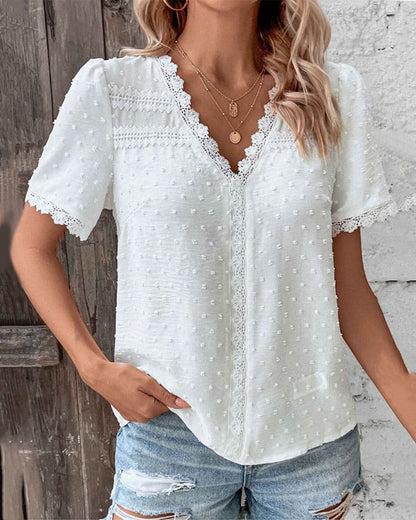 Women's Swiss Dot Lace Trim V-Neck Boho Short Sleeve Blouse - Side Angle | Lavisa