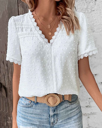Women's Swiss Dot Lace Trim V-Neck Boho Short Sleeve Blouse - Back View | Lavisa