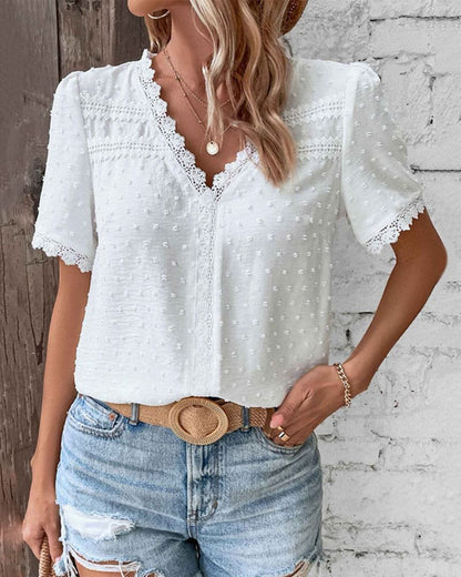 Women's Swiss Dot Lace Trim V-Neck Boho Short Sleeve Blouse - Close-Up Texture & Detail | Lavisa