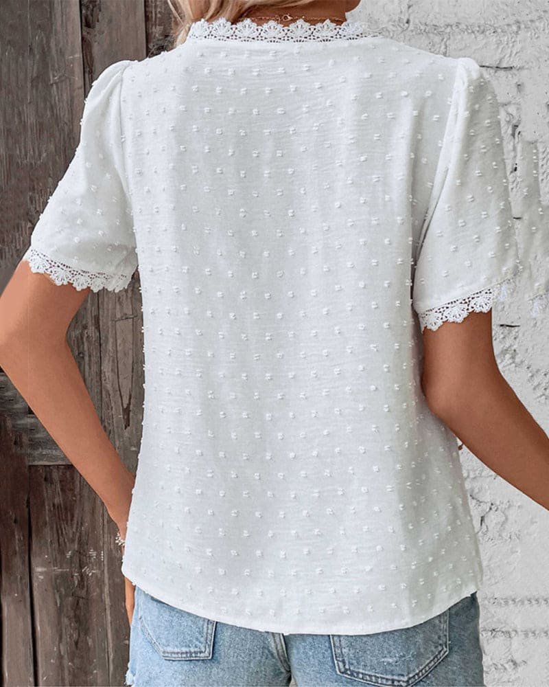 Women's Swiss Dot Lace Trim V-Neck Boho Short Sleeve Blouse - Sole & Material View | Lavisa