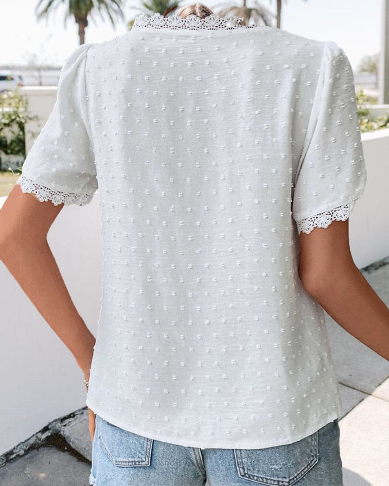 Women's Swiss Dot Lace Trim V-Neck Boho Short Sleeve Blouse - Variant Style 8 | Lavisa